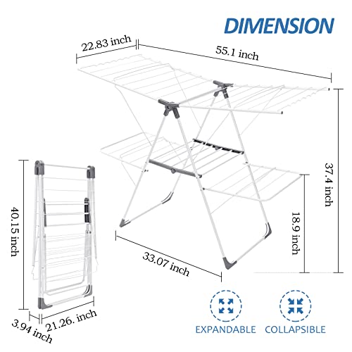 TOOLF Clothes Drying Rack, Clothes Rack, Foldable 2-Level Laundry Racks for Drying Clothes, with Height-Adjustable Wings, Indoor/Outdoor Portable Dryer for Clothing and Towels, White