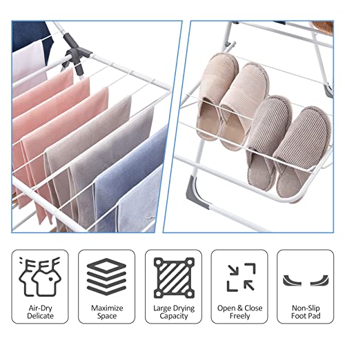 TOOLF Clothes Drying Rack, Clothes Rack, Foldable 2-Level Laundry Racks for Drying Clothes, with Height-Adjustable Wings, Indoor/Outdoor Portable Dryer for Clothing and Towels, White