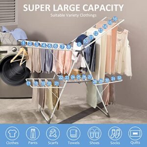 TOOLF Clothes Drying Rack, Clothes Rack, Foldable 2-Level Laundry Racks for Drying Clothes, with Height-Adjustable Wings, Indoor/Outdoor Portable Dryer for Clothing and Towels, White