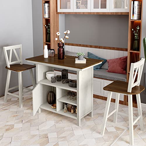 BNSPLY Kitchen Island with Storage and Seating, 3-Piece Dining Table Set for 2, Kitchen Island Table with Stools, Wooden Kitchen Table Set with Shelves for Small Places(Walnut+Distressed White)
