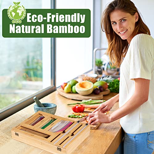 BHLVXCC Ziplock Bag Organizer Bamboo for Drawer, Foil and Plastic Wrap Organizer with Cutter, 6 in 1 Wrap Dispenser with Cutter, Baggie Organizer Suitable for Gallon Quart Sandwich & Snack Bag