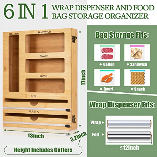 BHLVXCC Ziplock Bag Organizer Bamboo for Drawer, Foil and Plastic Wrap Organizer with Cutter, 6 in 1 Wrap Dispenser with Cutter, Baggie Organizer Suitable for Gallon Quart Sandwich & Snack Bag