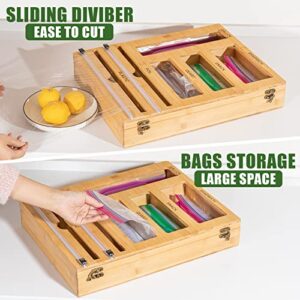 BHLVXCC Ziplock Bag Organizer Bamboo for Drawer, Foil and Plastic Wrap Organizer with Cutter, 6 in 1 Wrap Dispenser with Cutter, Baggie Organizer Suitable for Gallon Quart Sandwich & Snack Bag