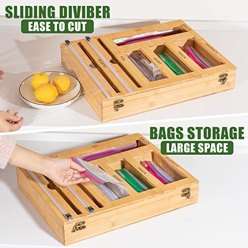 BHLVXCC Ziplock Bag Organizer Bamboo for Drawer, Foil and Plastic Wrap Organizer with Cutter, 6 in 1 Wrap Dispenser with Cutter, Baggie Organizer Suitable for Gallon Quart Sandwich & Snack Bag