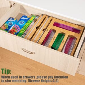 BHLVXCC Ziplock Bag Organizer Bamboo for Drawer, Foil and Plastic Wrap Organizer with Cutter, 6 in 1 Wrap Dispenser with Cutter, Baggie Organizer Suitable for Gallon Quart Sandwich & Snack Bag