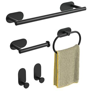 matte black bathroom accessories set, 5 pieces bathroom hardware set, stainless steel towel racks for bathroom, bathroom set including 16" towel bar, toilet paper holder, towel ring, robe towel hooks