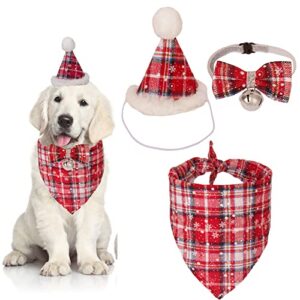 PTDECOR Christmas Dog Bandana Hat Bow, Red Plaid Dog Christmas Hat Scarf Triangle Dog Bibs Kerchief Christmas Bandanas for Small Medium Dogs Pets