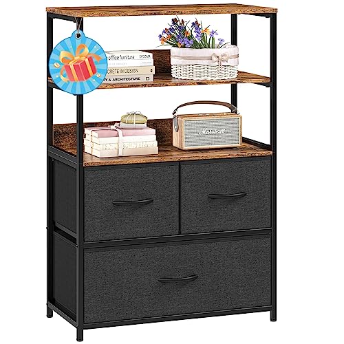 EnHomee Dresser for Bedroom 3 Drawer Dresser with Shelves Black Dresser for Closet Fabric Chest of Drawers Vertical Storage Tower for Bedroom, Living Room, Nursery, Entryway, Sturdy Metal Frame