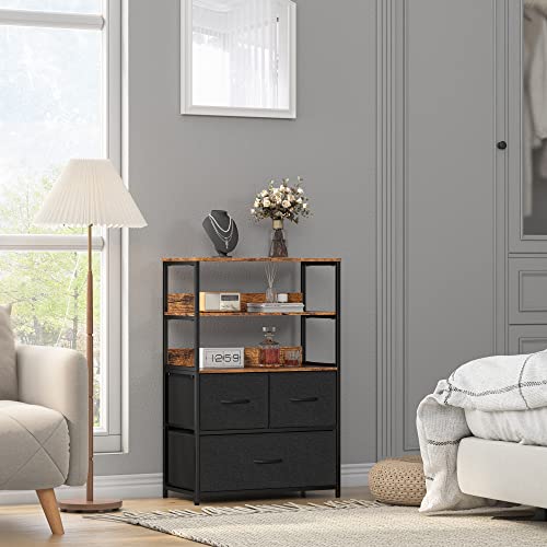 EnHomee Dresser for Bedroom 3 Drawer Dresser with Shelves Black Dresser for Closet Fabric Chest of Drawers Vertical Storage Tower for Bedroom, Living Room, Nursery, Entryway, Sturdy Metal Frame