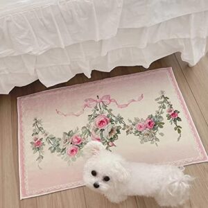 BOOMLATU Roses Flowers and Bow-Knot Indoor Front Door Mats for Entrance Door Rug,Machine Washable Non Slip Romantic Powder Fluffy Fuzzy Soft Area Rug Kitchen Rug 19.6x31.4in