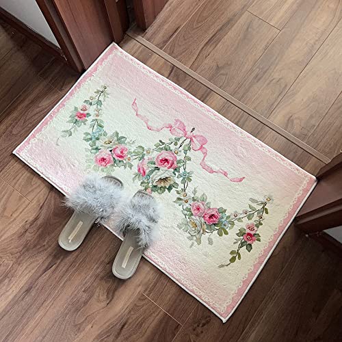 BOOMLATU Roses Flowers and Bow-Knot Indoor Front Door Mats for Entrance Door Rug,Machine Washable Non Slip Romantic Powder Fluffy Fuzzy Soft Area Rug Kitchen Rug 19.6x31.4in