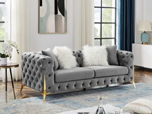 melpomene contemporary velvet upholstered sofa couch with deep button tufting and custom gold chrome legs,grey