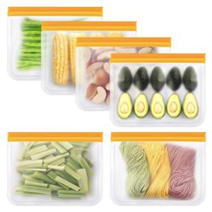 reusable food storage bags, 6 pack bpa free reusable freezer bags reusable gallon bags sandwich bags snack bags, extra thick leakproof silicone lunch food bags for meat fruits and vegetables