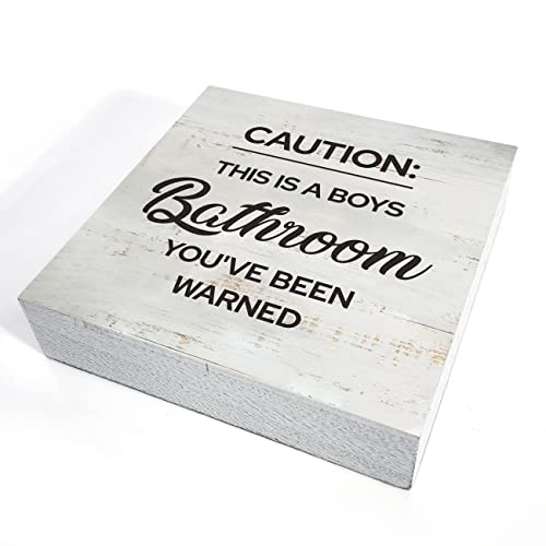 Caution This is a Boys Bathroom You've Been Warned Bathroom Wood Box Sign Rusitc Farmhouse Boy Bathroom Restroom Toilet Desk Shelf Decor (5 X 5 Inch)