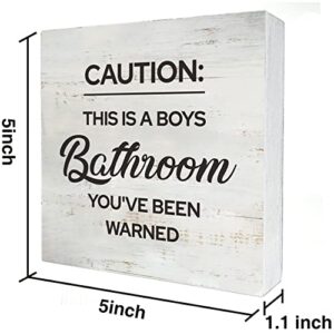 Caution This is a Boys Bathroom You've Been Warned Bathroom Wood Box Sign Rusitc Farmhouse Boy Bathroom Restroom Toilet Desk Shelf Decor (5 X 5 Inch)