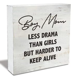 boy mom less drama than girls but harder to keep alive wood box sign rusitc wooden box sign farmhouse home office desk shelf decor (5 x 5 inch)