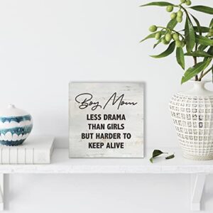 Boy Mom Less Drama Than Girls But Harder to Keep Alive Wood Box Sign Rusitc Wooden Box Sign Farmhouse Home Office Desk Shelf Decor (5 X 5 Inch)