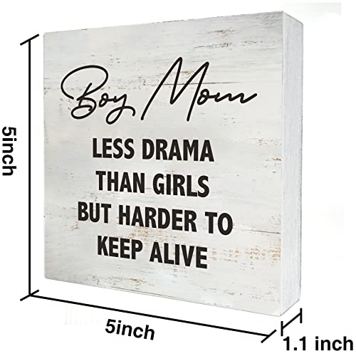 Boy Mom Less Drama Than Girls But Harder to Keep Alive Wood Box Sign Rusitc Wooden Box Sign Farmhouse Home Office Desk Shelf Decor (5 X 5 Inch)