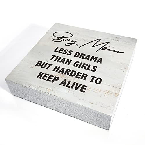 Boy Mom Less Drama Than Girls But Harder to Keep Alive Wood Box Sign Rusitc Wooden Box Sign Farmhouse Home Office Desk Shelf Decor (5 X 5 Inch)