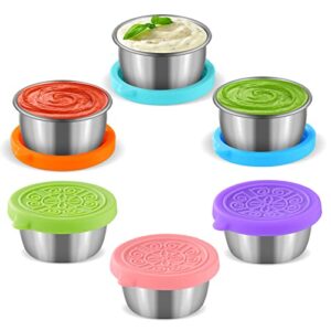 6 pack 1.6 oz salad dressing containers to go, advanced stainless steel condiment containers with silicone lids easy to open, leakproof colorful compact salad sauce cups easy to carry everyday