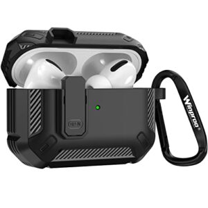 winproo airpods pro 2 case cover with lock, military hard shell full-body shockproof protective case skin with keychain for airpods pro 2nd generation [black]