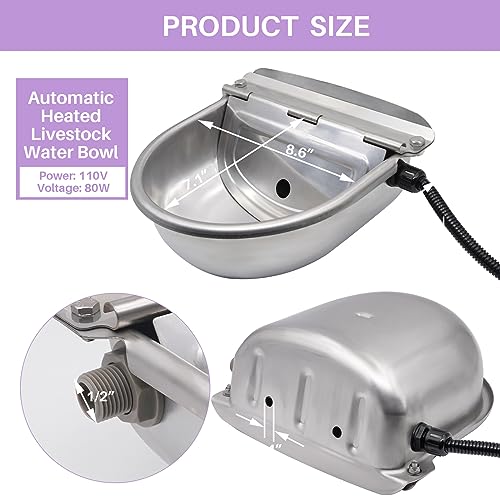 PAULOZYN Heated Automatic Animal Drinking Water Bowl, Heated Livestock Waterer, 304 Stainless Steel Livestock Water Trough Dispenser with Float Ball Valves, for Chicken Horse Cattle Cow Goat Pig