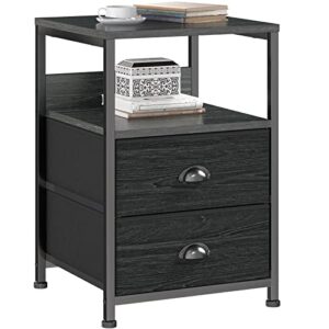 furologee nightstand with 2 fabric drawers, end table with storage shelf, industrial bedside table, small dresser organizer furniture metal frame for living room/bedroom/dorm/hallway, black oak