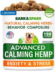 advanced calming hemp treats for dogs - hemp oil + melatonin - anxiety relief - separation aid - stress relief during fireworks, storms, thunder - aggressive behavior, barking - 120 soft chews