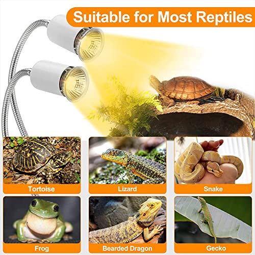 Petboda Reptile Heat Lamp, Dual Head UVA/UVB Reptile Light with Cycle Timer, Dimmable Basking Light for Turtle Tortoise Lizard Snake Bearded Dragon and More, 4 Bulbs (2PCS 25W + 2PCS 50W) Included