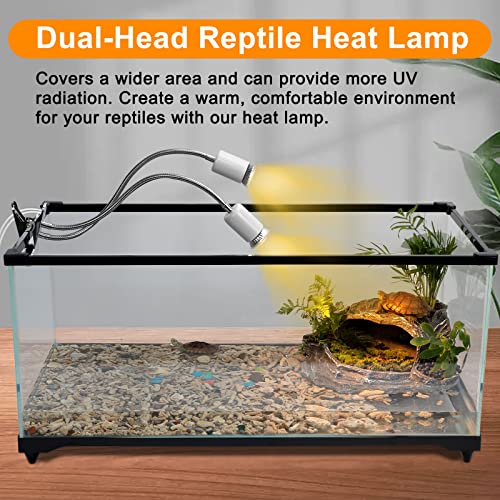 Petboda Reptile Heat Lamp, Dual Head UVA/UVB Reptile Light with Cycle Timer, Dimmable Basking Light for Turtle Tortoise Lizard Snake Bearded Dragon and More, 4 Bulbs (2PCS 25W + 2PCS 50W) Included