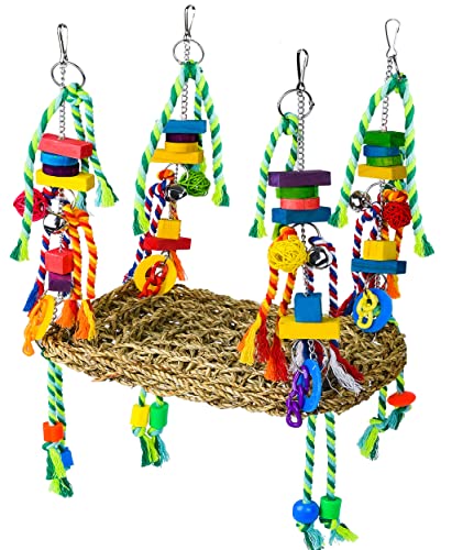 Pomeyard Bird Toys for Parakeets Toys Bird Foraging Wall Toy Conures Cockatiel Bird Cage Accessories Parrotlet Toys Small Bird Toys for Lovebirds Seagrass Swing Hammock for Parrot Budgie with Bells