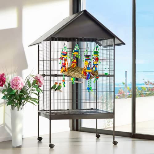 Pomeyard Bird Toys for Parakeets Toys Bird Foraging Wall Toy Conures Cockatiel Bird Cage Accessories Parrotlet Toys Small Bird Toys for Lovebirds Seagrass Swing Hammock for Parrot Budgie with Bells