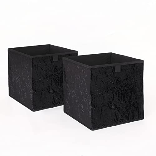 OHS Crushed Velvet Storage Boxes Pack Of 2 Decorative Home Tidy Organiser Collapsible Pop-Up Folding Cubes for Shelves Toys, Black