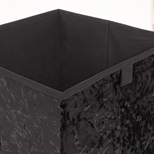 OHS Crushed Velvet Storage Boxes Pack Of 2 Decorative Home Tidy Organiser Collapsible Pop-Up Folding Cubes for Shelves Toys, Black