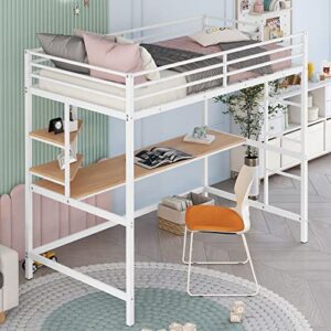 merax modern metal bunk bed wit long desk and shelves loft bed frame with full-length gardrail space-saving twin, white