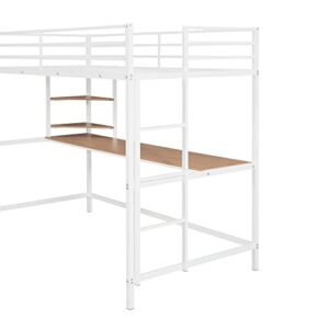 Merax Modern Metal Bunk Bed wit Long Desk and Shelves Loft Bed Frame with Full-Length Gardrail Space-Saving Twin, White