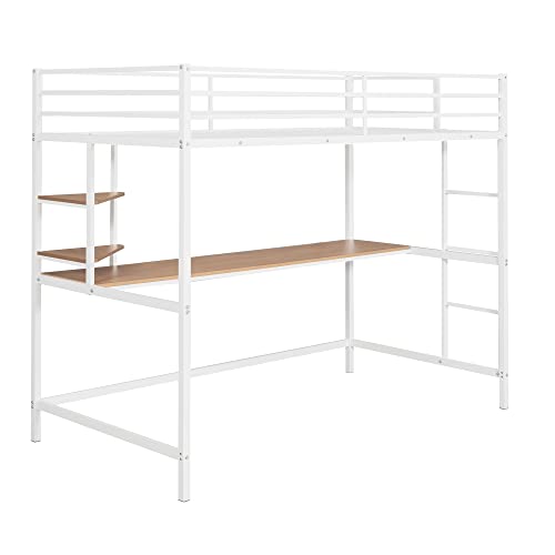 Merax Modern Metal Bunk Bed wit Long Desk and Shelves Loft Bed Frame with Full-Length Gardrail Space-Saving Twin, White