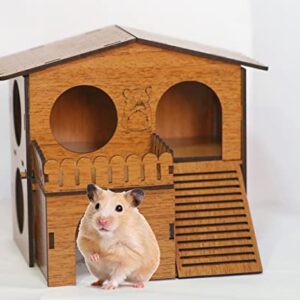 2 Storey Hamster House with Wide Door Small Animal Climbing Ladder Dwarf Hamster Small Pet Dwarf Hamster Cage Small Animal Hideout Easy Clean Wooden Hideaway, Brown