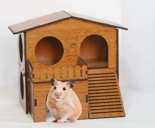 2 Storey Hamster House with Wide Door Small Animal Climbing Ladder Dwarf Hamster Small Pet Dwarf Hamster Cage Small Animal Hideout Easy Clean Wooden Hideaway, Brown