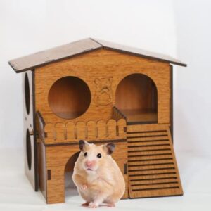 2 Storey Hamster House with Wide Door Small Animal Climbing Ladder Dwarf Hamster Small Pet Dwarf Hamster Cage Small Animal Hideout Easy Clean Wooden Hideaway, Brown