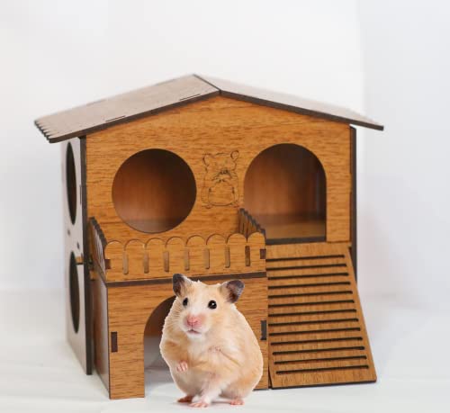 2 Storey Hamster House with Wide Door Small Animal Climbing Ladder Dwarf Hamster Small Pet Dwarf Hamster Cage Small Animal Hideout Easy Clean Wooden Hideaway, Brown