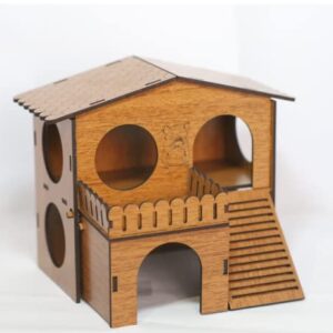 2 Storey Hamster House with Wide Door Small Animal Climbing Ladder Dwarf Hamster Small Pet Dwarf Hamster Cage Small Animal Hideout Easy Clean Wooden Hideaway, Brown