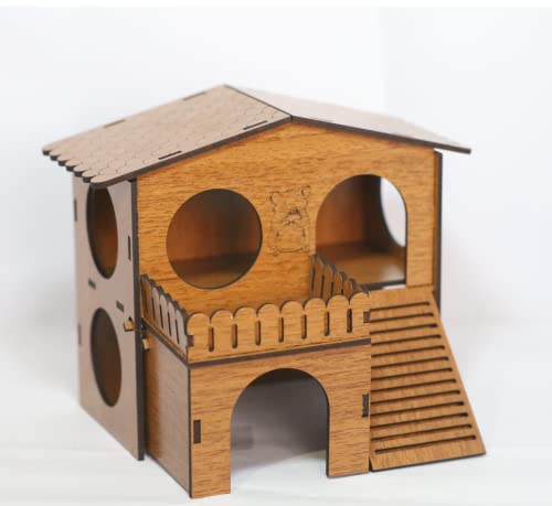 2 Storey Hamster House with Wide Door Small Animal Climbing Ladder Dwarf Hamster Small Pet Dwarf Hamster Cage Small Animal Hideout Easy Clean Wooden Hideaway, Brown