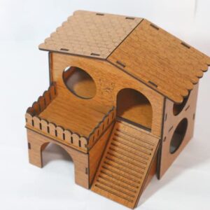 2 Storey Hamster House with Wide Door Small Animal Climbing Ladder Dwarf Hamster Small Pet Dwarf Hamster Cage Small Animal Hideout Easy Clean Wooden Hideaway, Brown