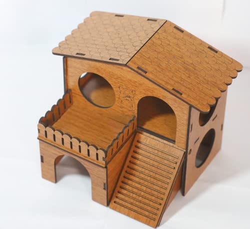 2 Storey Hamster House with Wide Door Small Animal Climbing Ladder Dwarf Hamster Small Pet Dwarf Hamster Cage Small Animal Hideout Easy Clean Wooden Hideaway, Brown