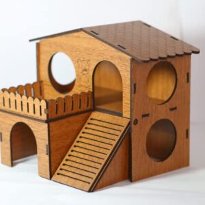 2 Storey Hamster House with Wide Door Small Animal Climbing Ladder Dwarf Hamster Small Pet Dwarf Hamster Cage Small Animal Hideout Easy Clean Wooden Hideaway, Brown