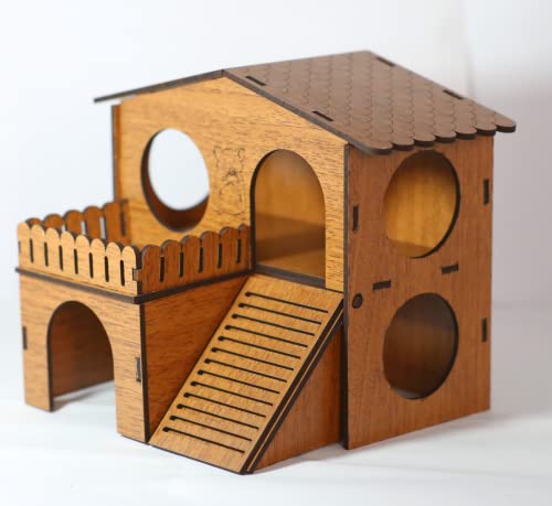 2 Storey Hamster House with Wide Door Small Animal Climbing Ladder Dwarf Hamster Small Pet Dwarf Hamster Cage Small Animal Hideout Easy Clean Wooden Hideaway, Brown