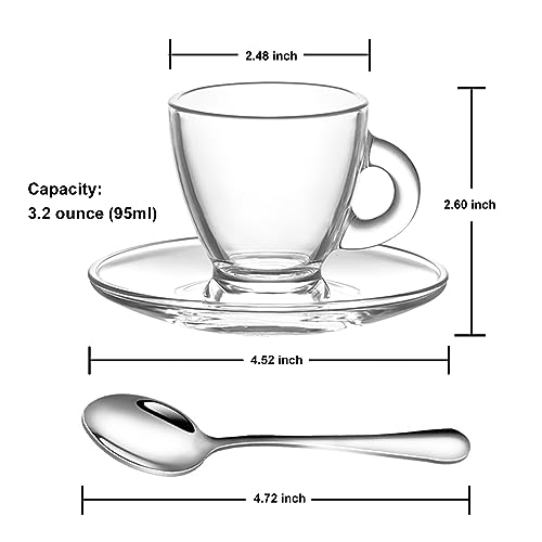 GURUDAR Espresso Cups with Saucers and Spoons Set of 6, Glass Demitasse Cups for Cappuccino Latte Café Mocha Tea and More Beverage, 3.2OZ/95ML, Clear