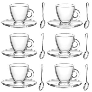 gurudar espresso cups with saucers and spoons set of 6, glass demitasse cups for cappuccino latte café mocha tea and more beverage, 3.2oz/95ml, clear