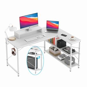 l-shaped desk with storage shelves, computer desk with monitor stand study writing table workstation, easy to assemble, white